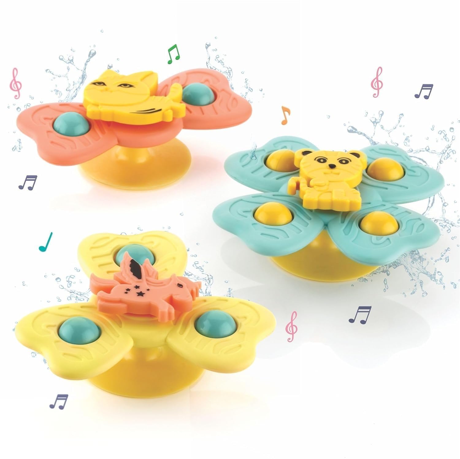 Colorful bath toys with animal designs on a white background